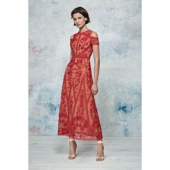 💕MARCHESA💕 Cold-Shoulder Guipure Lace-Trimmed Embroidered Tulle Midi Dress Red - Picture 1 of 16